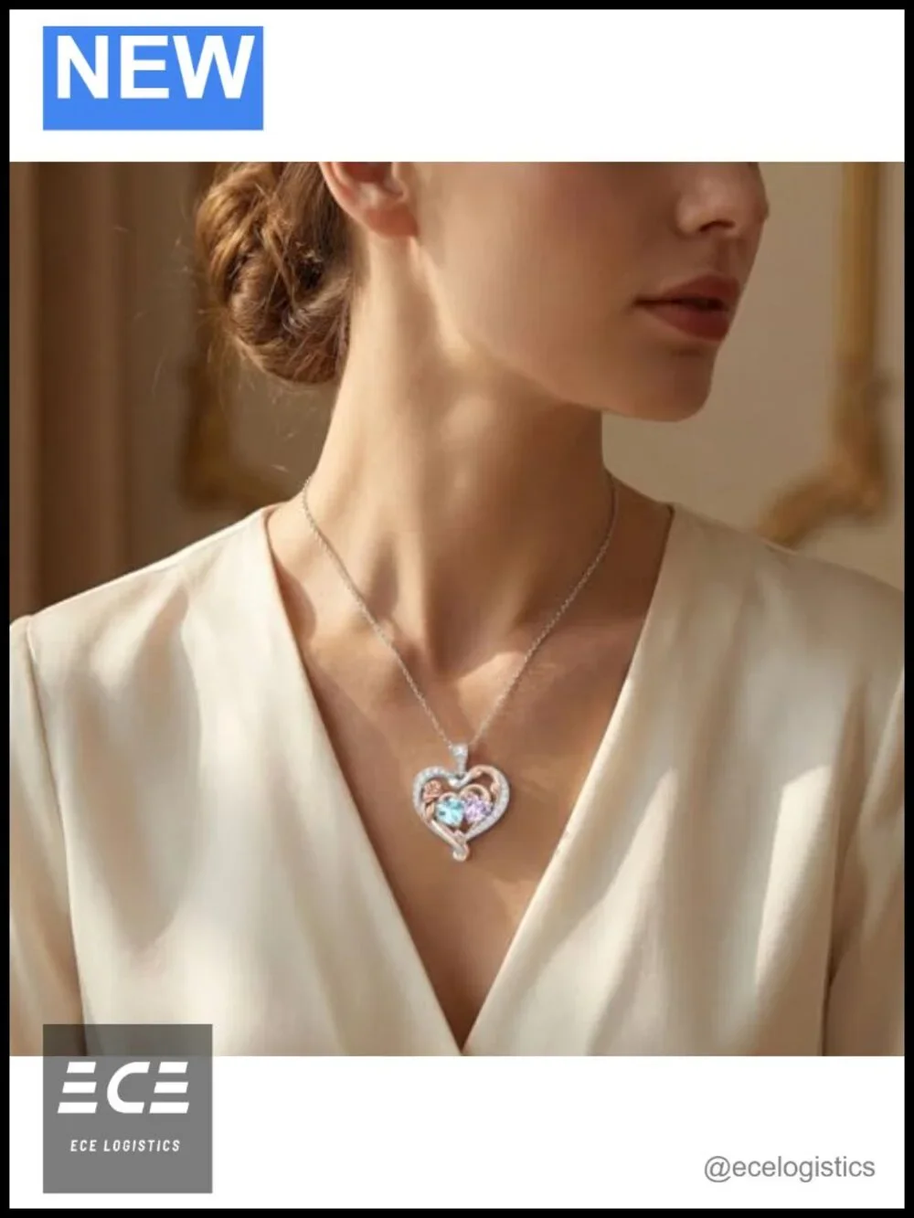 Rose Birthstone Necklace Heart Pendant Adjustable Chain Gift for Women